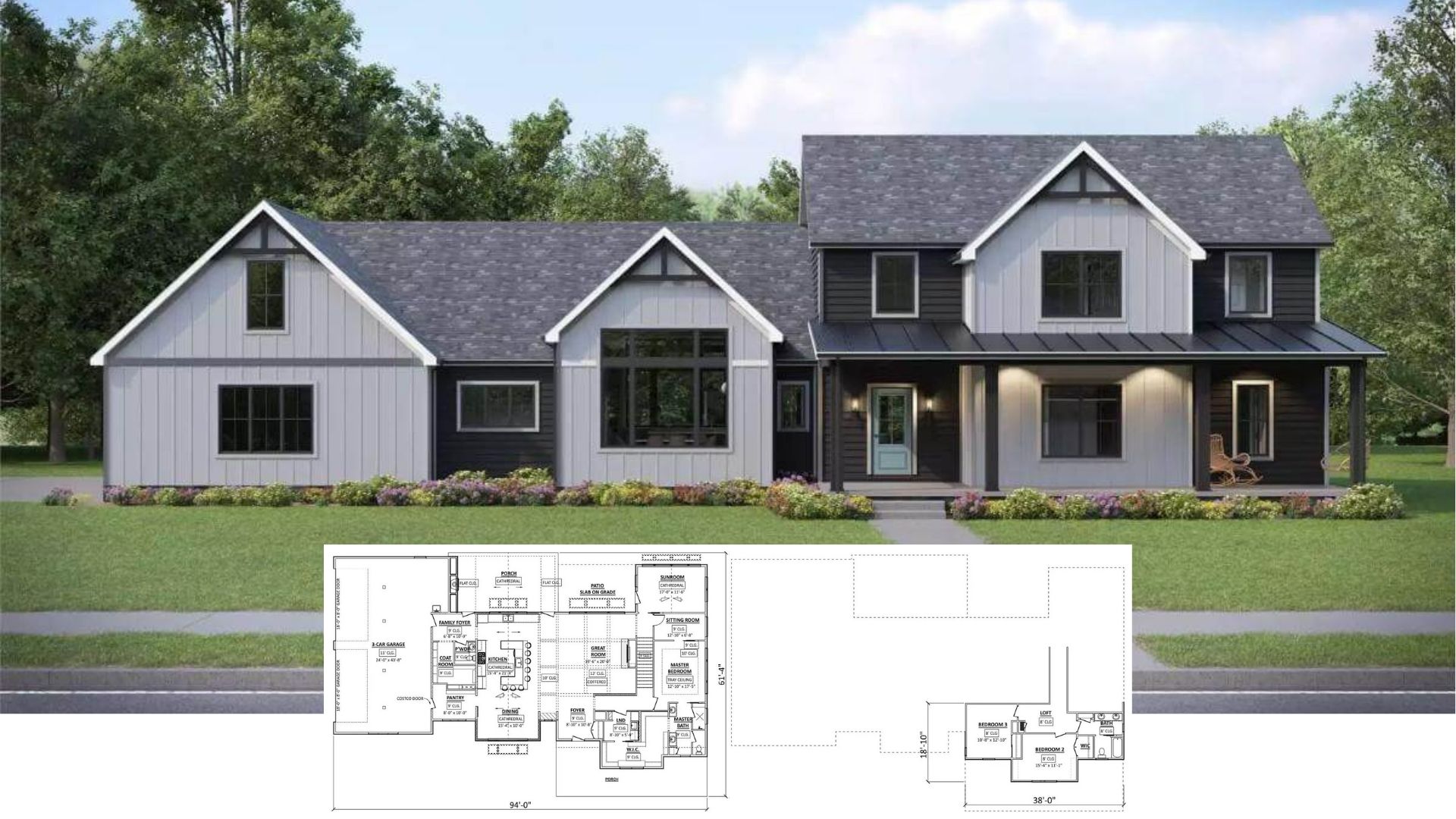 Tour This Bold 5-Bedroom Modern Farmhouse with High-Contrast Siding and Vaulted Living Spaces (Floor Plan)