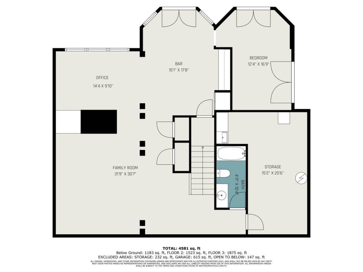 Lower level floor plan with office, family room, wet bar, a bedroom, and storage space.