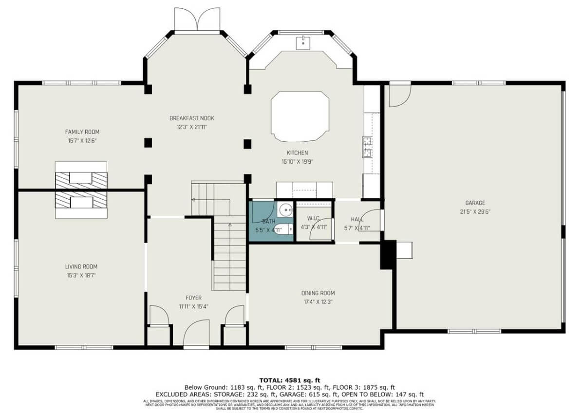 Main level floor plan of a two-story traditional style 5-bedroom brick home with foyer, living room, dining room, family room, breakfast nook, kitchen, and garage.