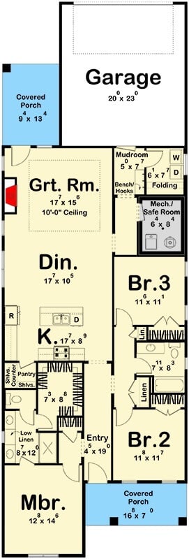 Main level floor plan of a single-story modern 3-bedroom cottage with foyer, kitchen, dining area, great room, three bedrooms, and mudroom leading to the garage.