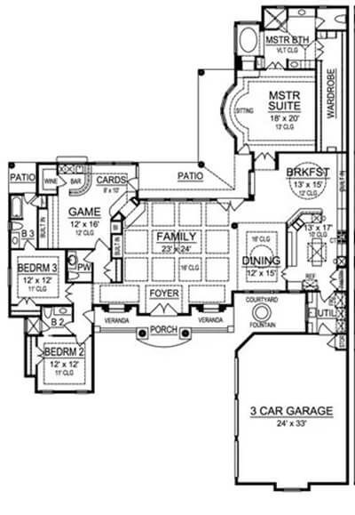 Main level floor plan of the Bali Hai 3-bedroom single-story traditional home with foyer, family room, dining room, kitchen, breakfast nook, three bedrooms, a game room, and utility leading to the 3-car garage.