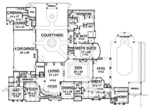 Main level floor plan of a two-story Tuscan style 4-bedroom Valderamma home with foyer, living room, dining room, den, study, kitchen, breakfast nook, hobby room, two bedroom suites, lounge area, 4-car garage, and courtyard.