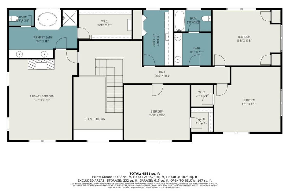 Second level floor plan with four bedrooms and a laundry room.