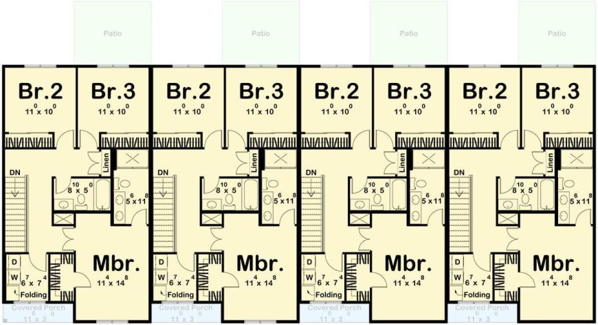 Simple Quadplex Layout Cottage Style Two-Story Quadplex with Front Porch and 3-Bed Matching ...
