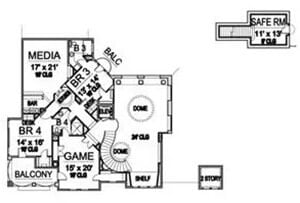 Second level floor plan with three bedrooms, a game room, a media room, and a bonus room.