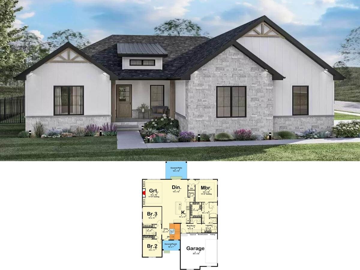 Single-Story New American Style 3-Bedroom Home for a Corner Lot with Open Concept Design (Floor Plan)