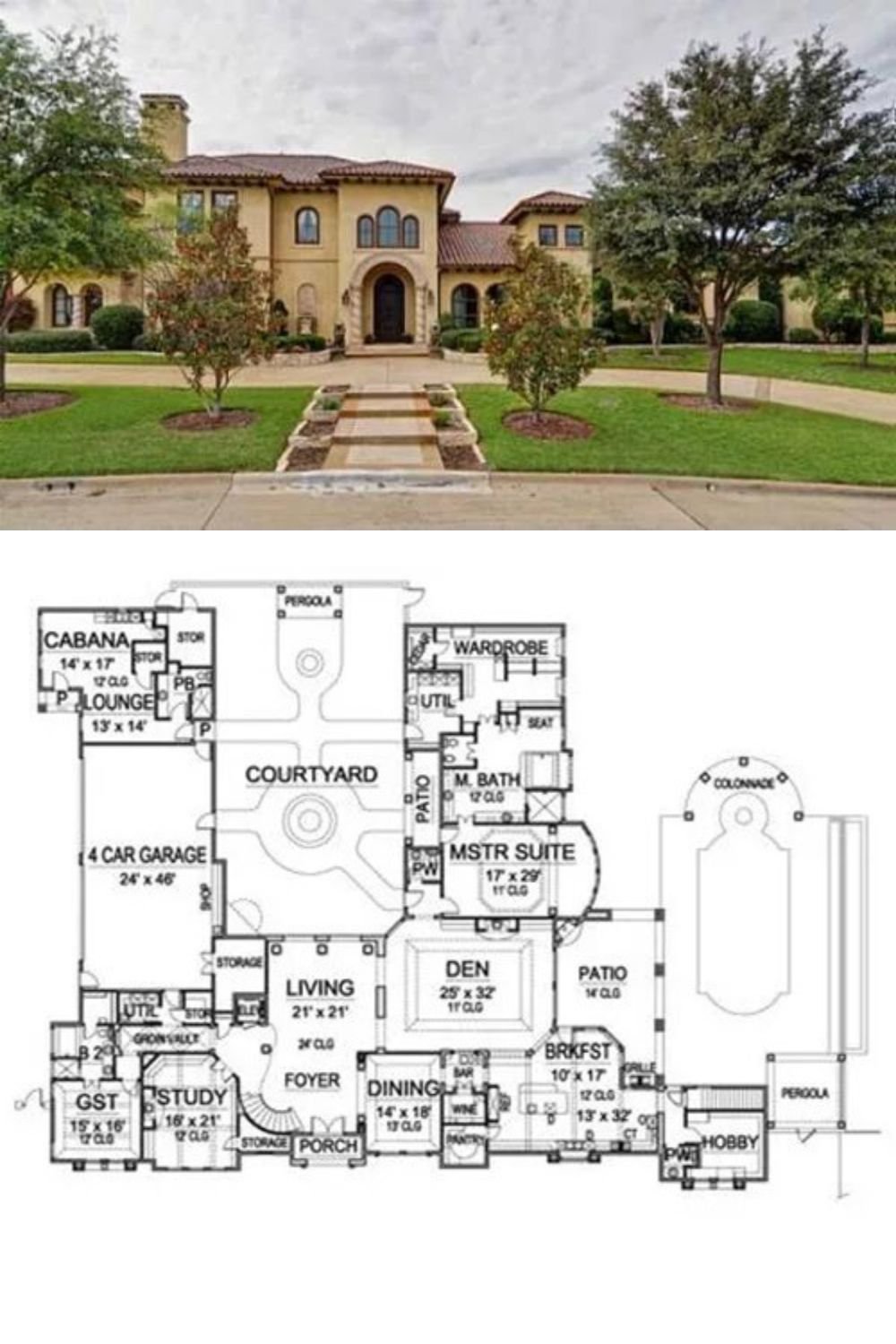 This two-story Tuscan home exudes timeless charm with clay-tiled roofs, a stucco exterior, and an arched entry lined by spiral columns. It features an oversized 4-car garage, a cabana, and a beautiful courtyard that provides wonderful outdoor entertaining.