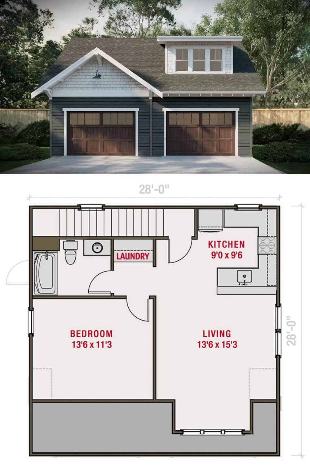 Clapboard siding, cedar shakes, exposed rafters, and a large shed dormer give this 1-bedroom craftsman style carriage home a great curb appeal. It offers a simple 28' by 28' square foot footprint perfect for an ADU or a guest house.