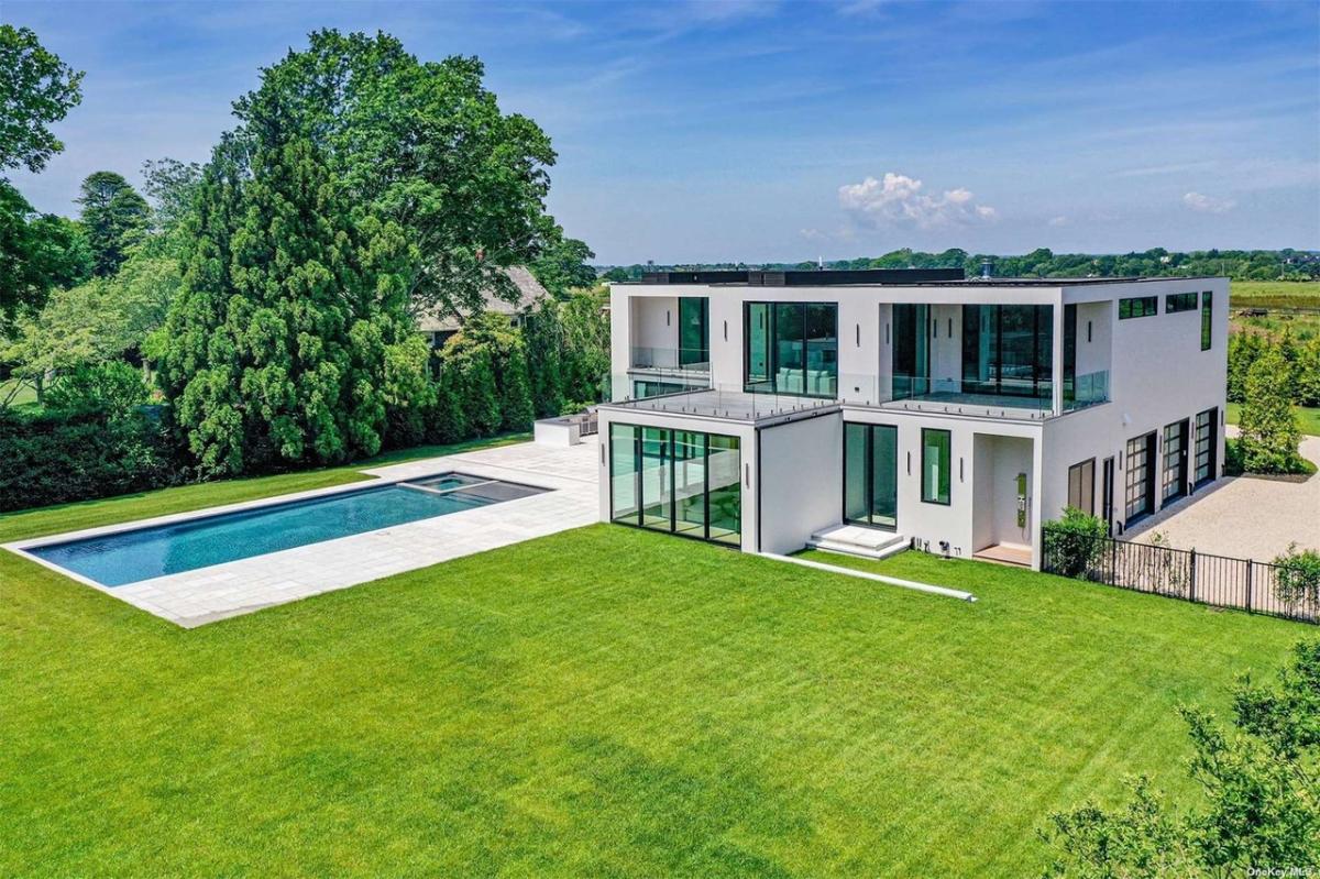 Aerial view of the 8,543 Sq. Ft. Mansion in Bridgehampton, NY.