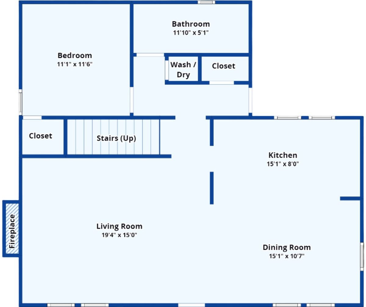 A first-floor plan with a bedroom, bathroom, closets, living room, dining room, and kitchen.