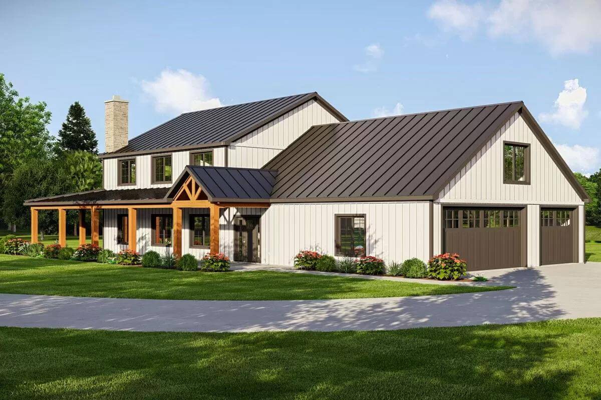 Front-right view with a covered entry porch and a 3-car side-loading garage.