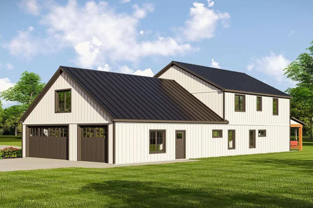 Right-rear view with 3-car garage and framed windows.