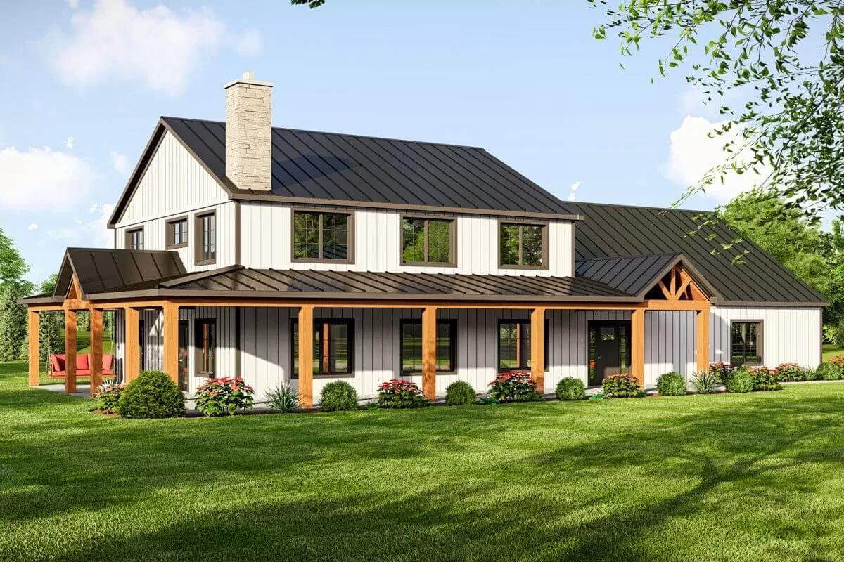 Front-left view with a wraparound porch framed by timber posts.