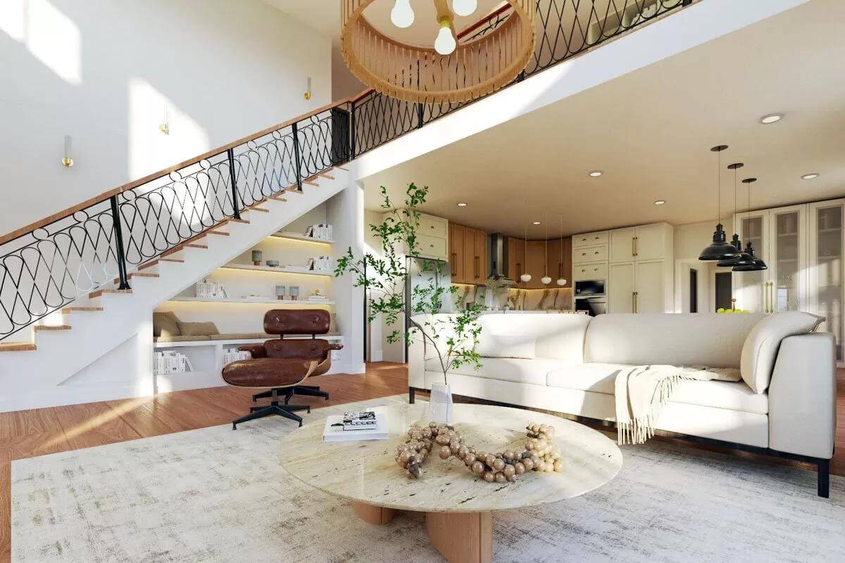 A tall ceiling crowns the living room.