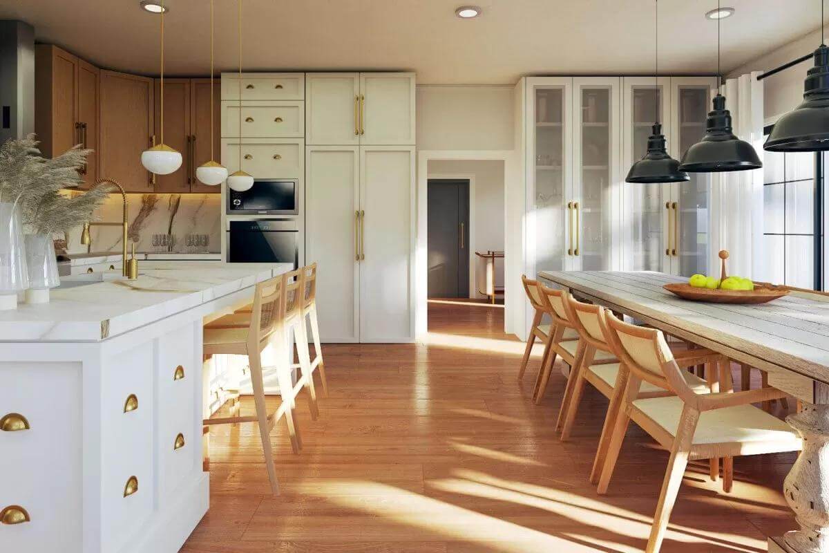 Eat-in kitchen with hardwood flooring and a regular ceiling.
