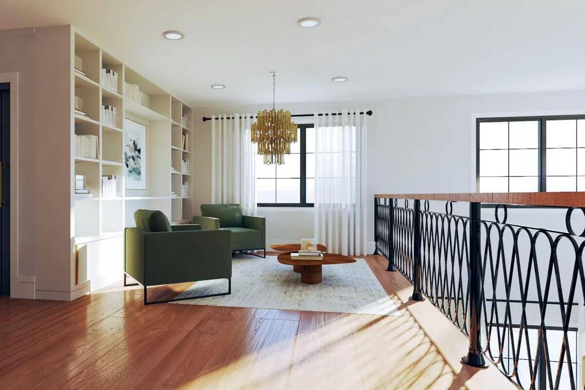 Loft with modern chairs and a built-in bookcase.