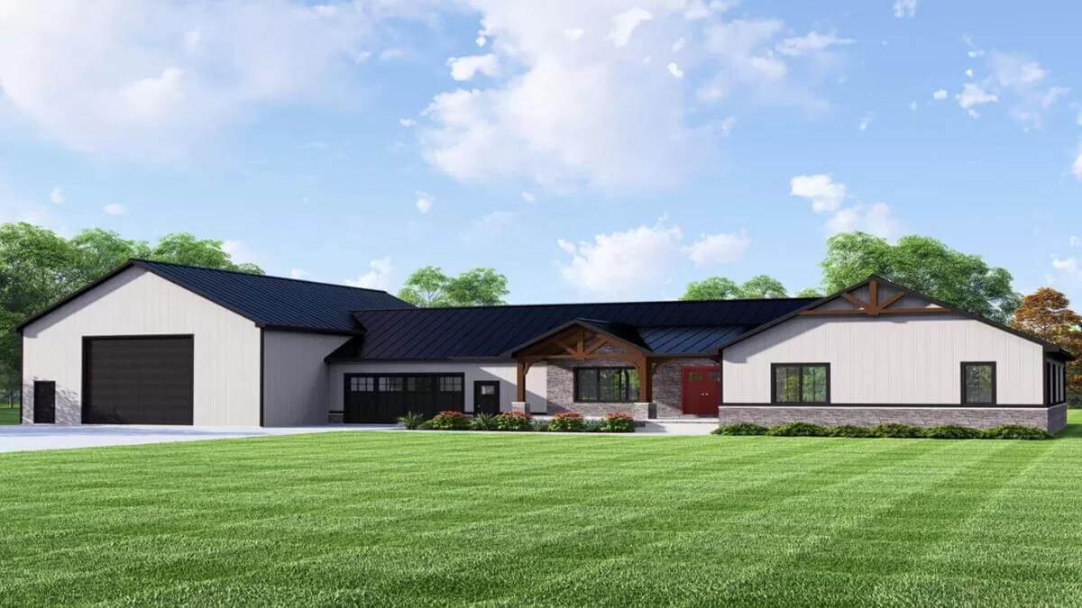 4-Bedroom Barndominium for a Wide Lot with Oversized Garage and Workshop (Floor Plan)