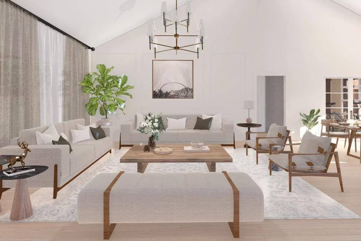 Great room with modern seats and a wooden coffee table over the area rug.