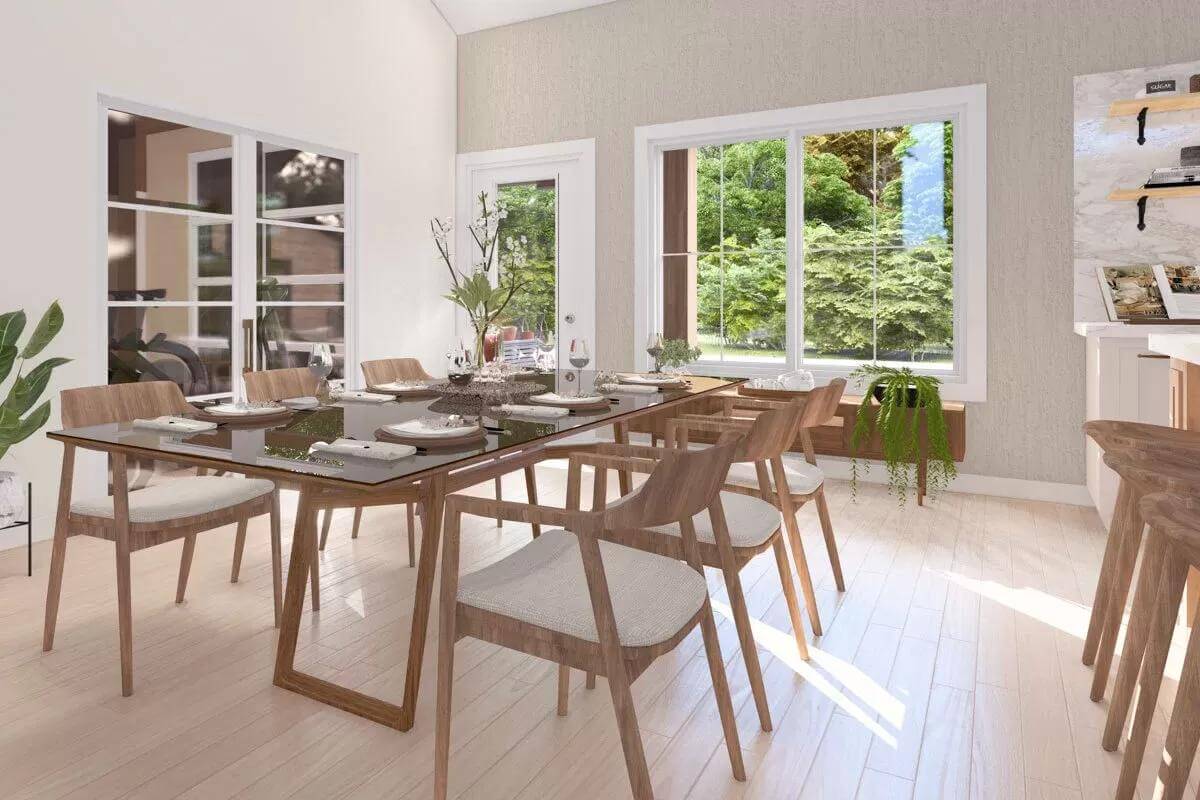 Dining room with a rectangular table paired by matching cushioned chairs.