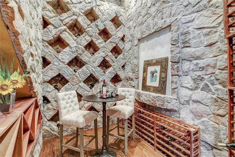 rustic stone wine cellar with intimate seating
