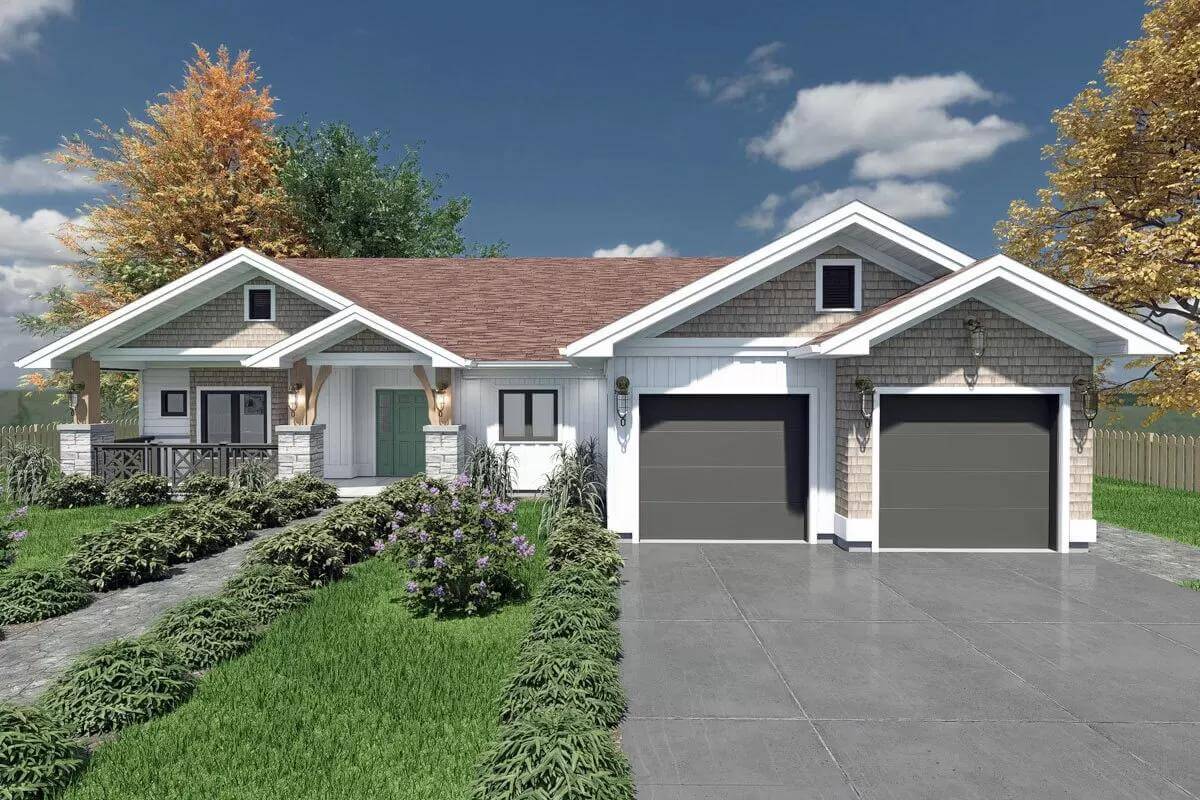 Front view with multiple gables, a covered entry porch, and a double garage.