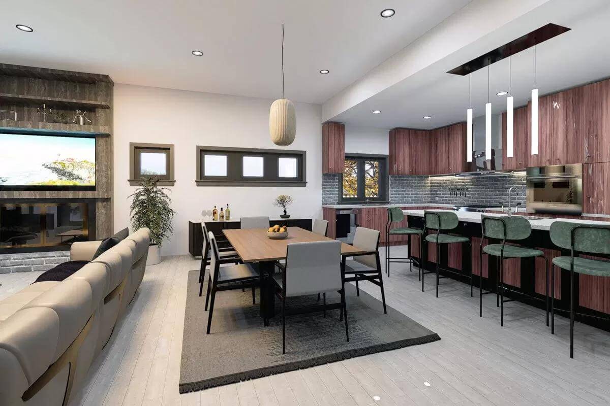 Dining area flanked by the great room and kitchen.