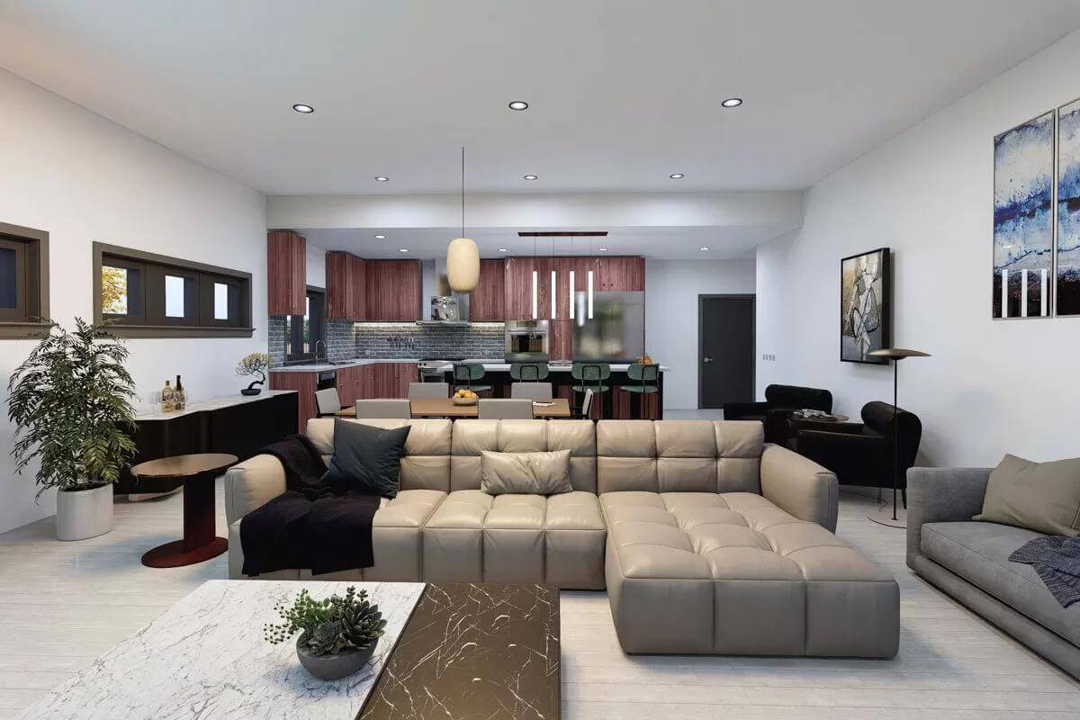 Great room with an L-shaped sofa and a low coffee table.
