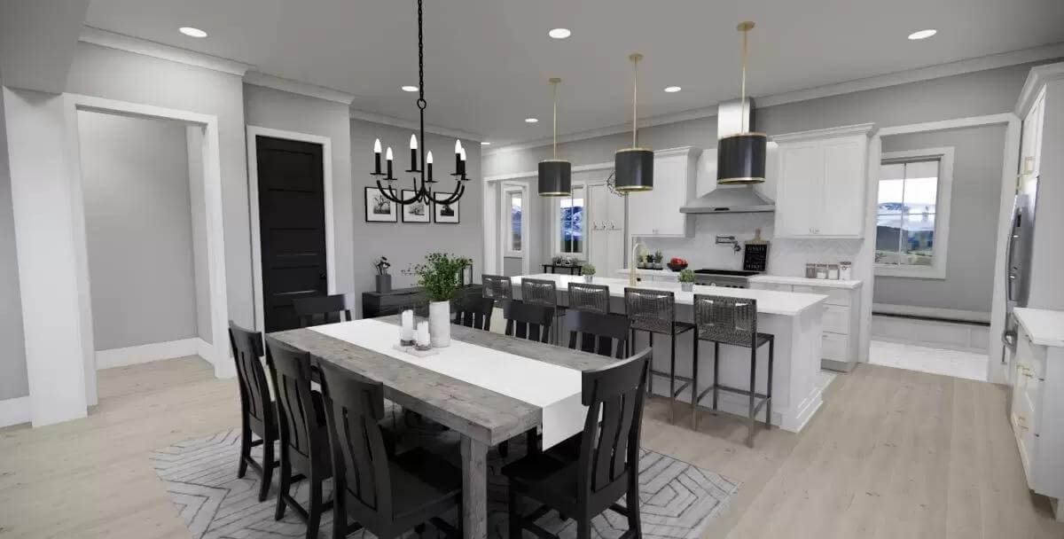 Dining area with a rustic table surrounded by black chairs.