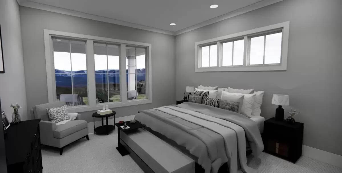 Primary bedroom a cushioned chair, a sleek bench, and a platform bed topped by clerestory windows.
