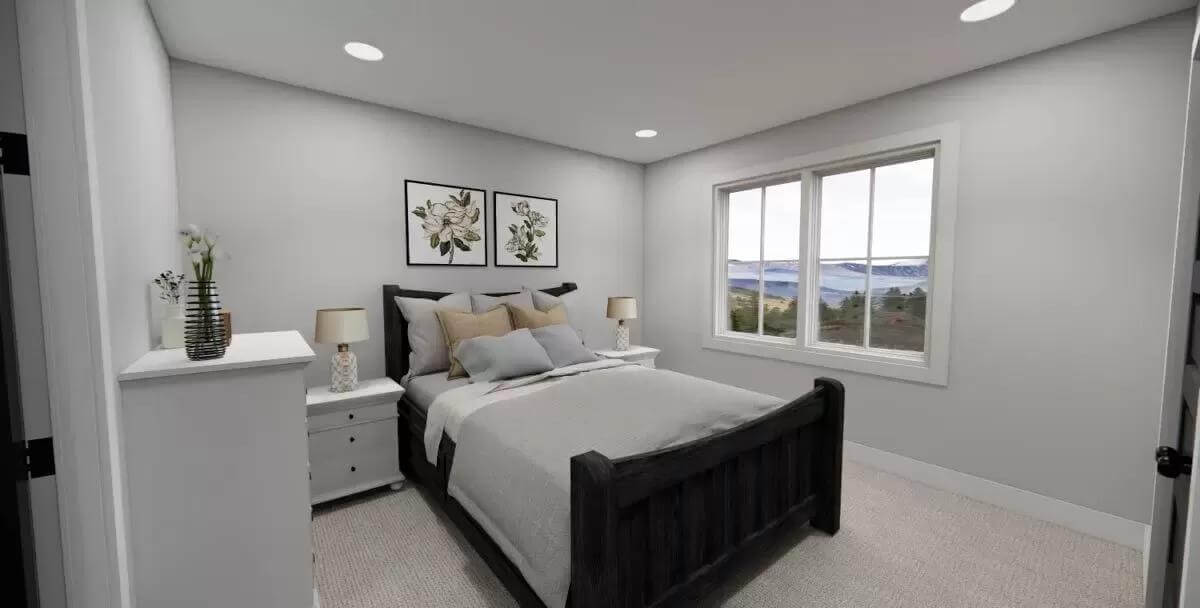 Bedroom with a dark wood bed and white-framed windows.