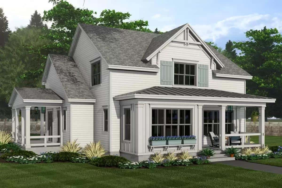 Angled front view showcasing the covered porches.