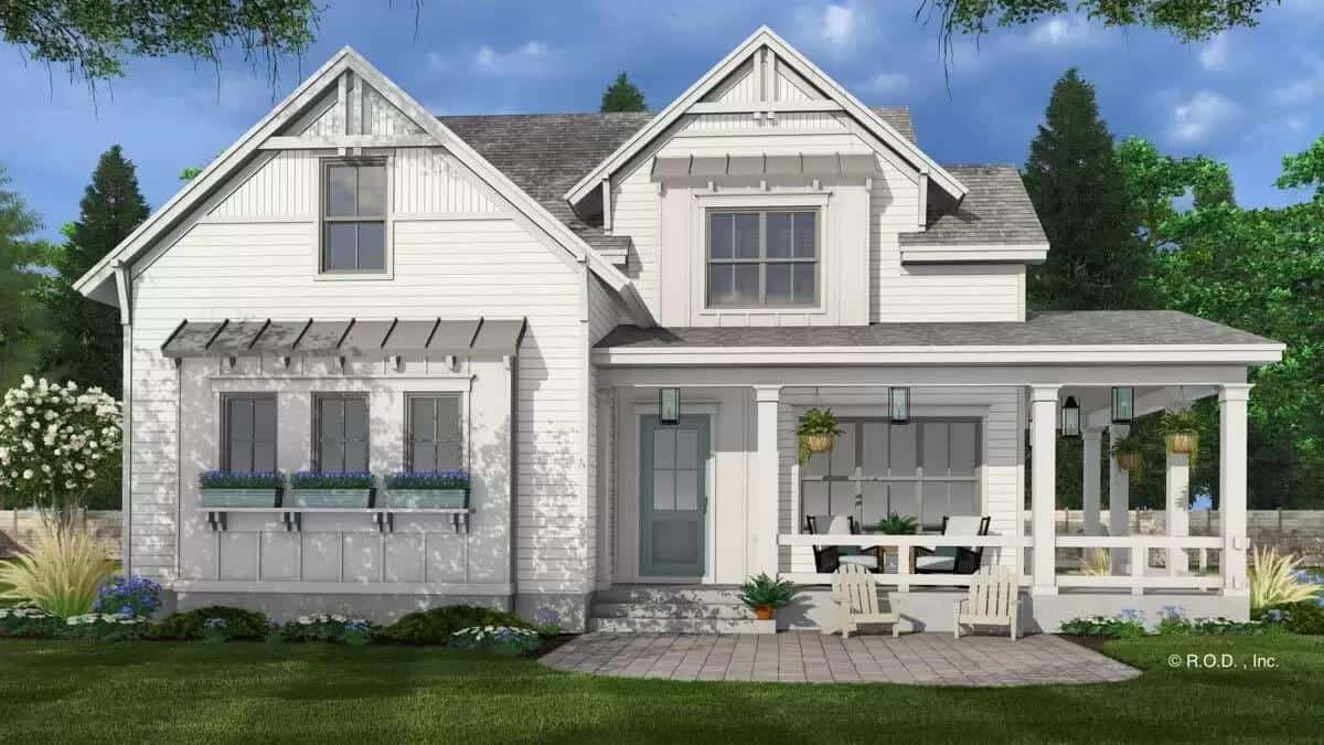 Rear view with a covered porch and an open patio.