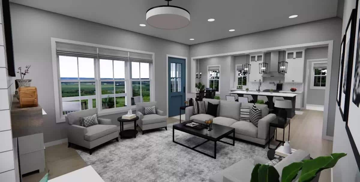 A trio of windows floods the great room with natural light.