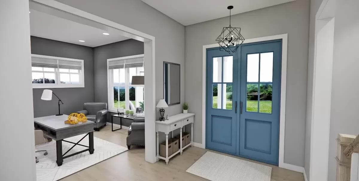 Foyer with a French front door and a large opening that leads to the study.