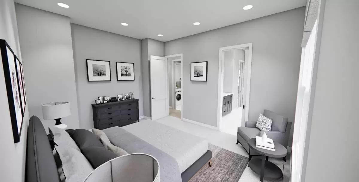 Primary bedroom with a platform bed and an ensuite bathroom.