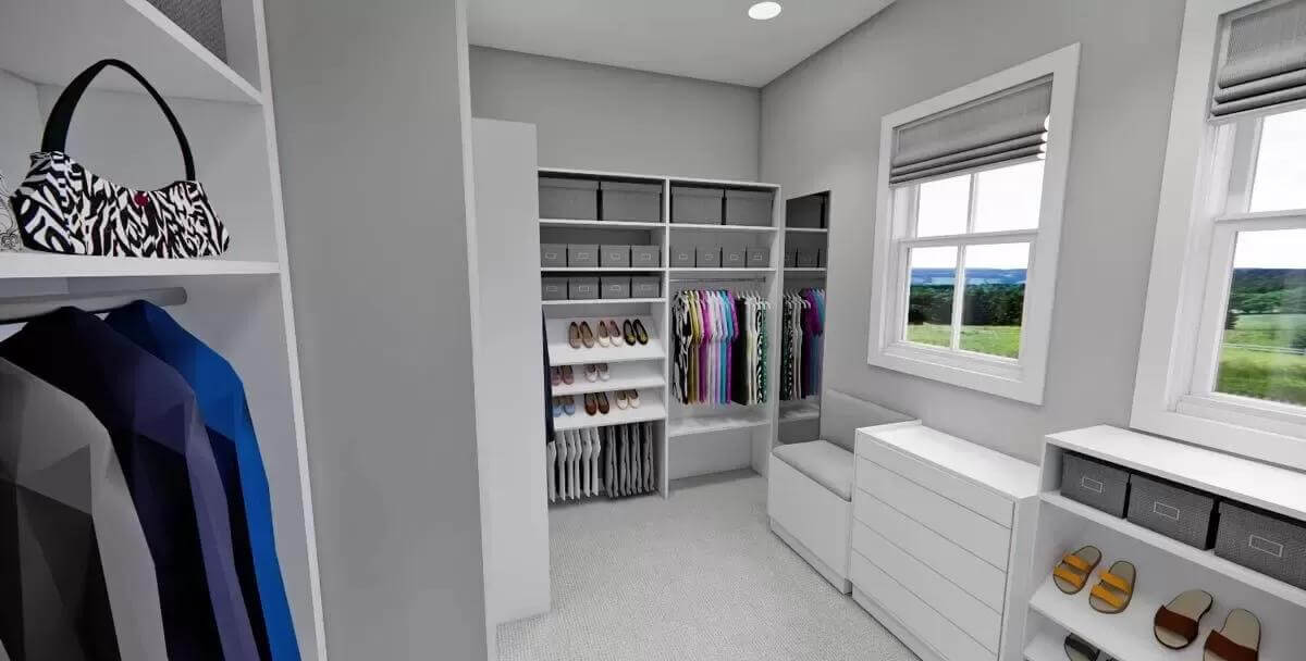 Primary walk-in closet with ample storage and white-framed windows.