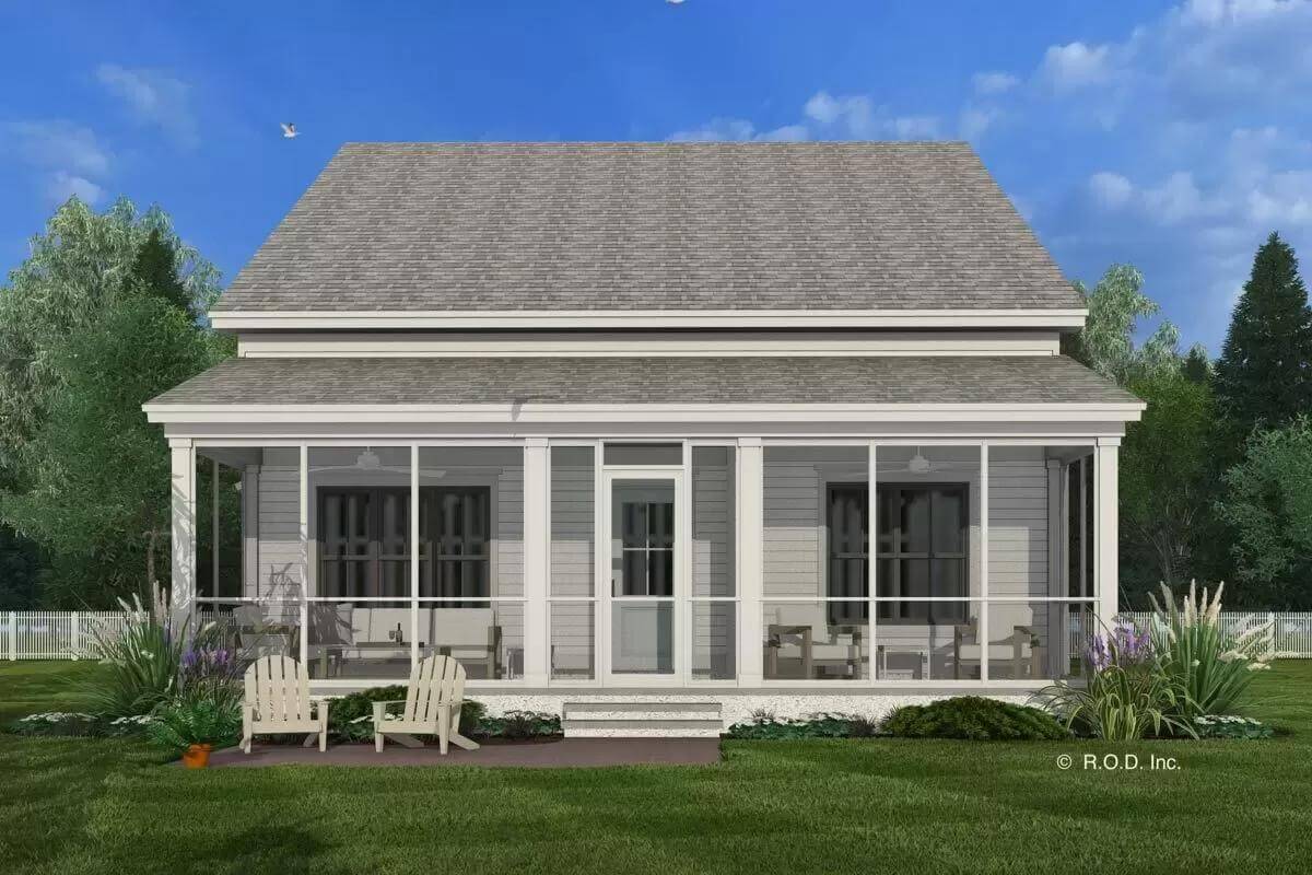 Rear view with a screened porch and a stoop.