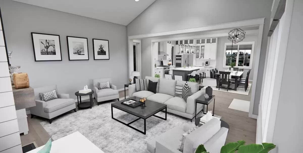 An oversized opening connects the great room into the eat-in kitchen.