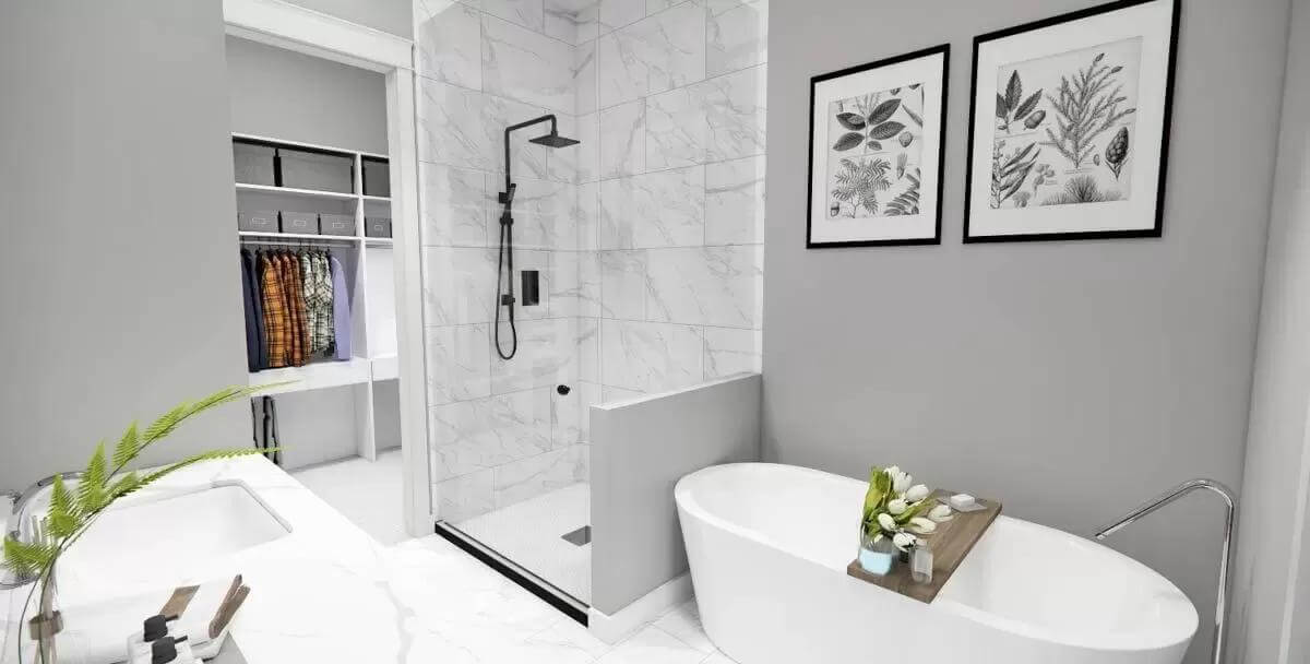 Primary bathroom with a soaking tub and a marble tiled shower.