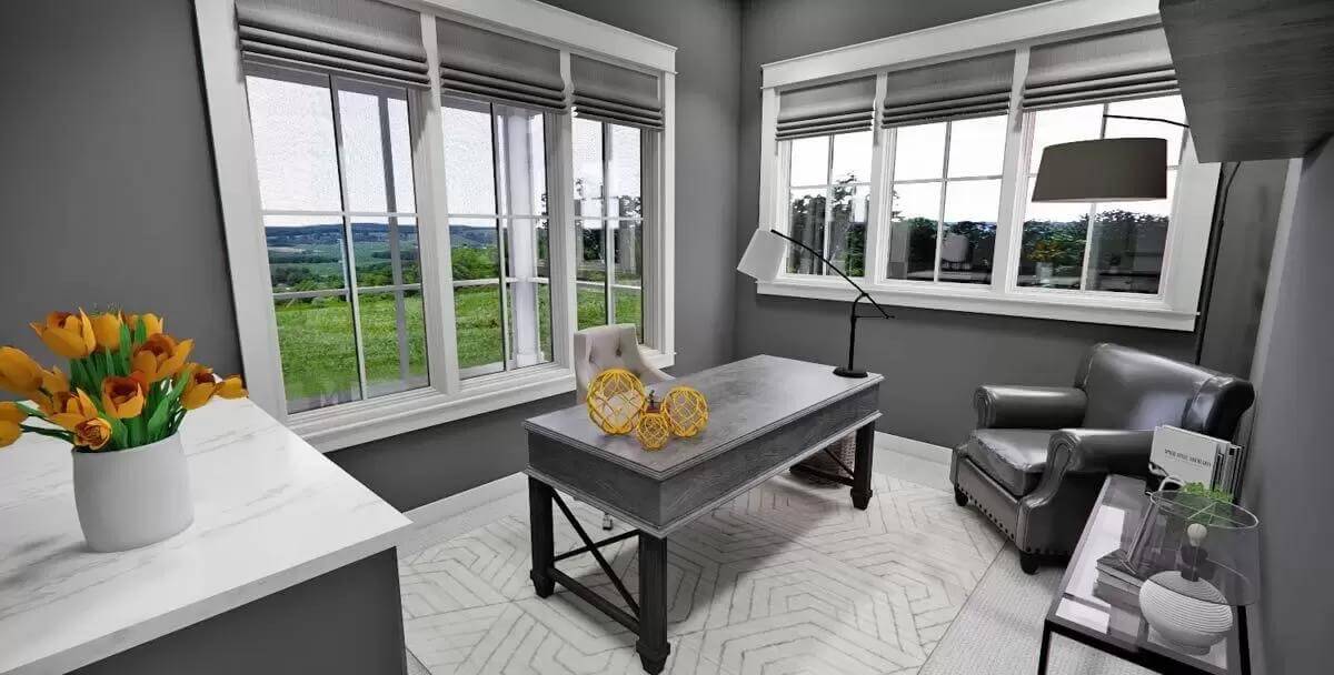 Office with a rustic desk, a leather chair, and white-framed windows.