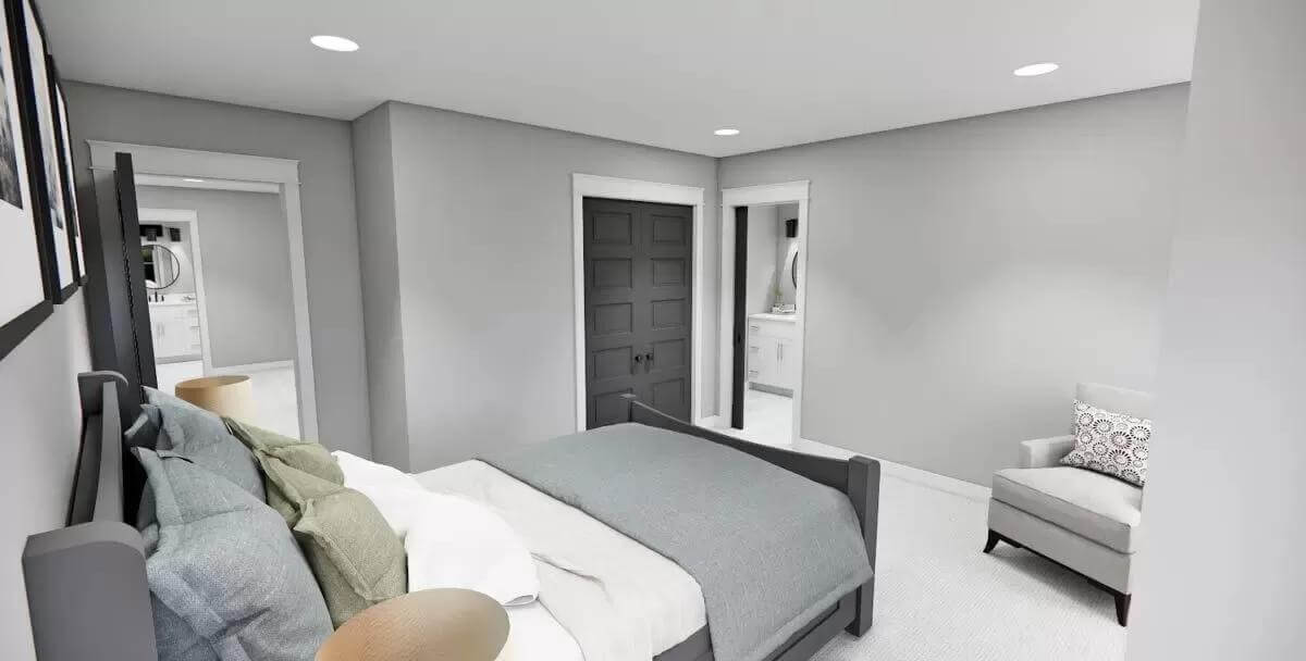 Bedroom with a wooden bed and an ensuite bathroom.