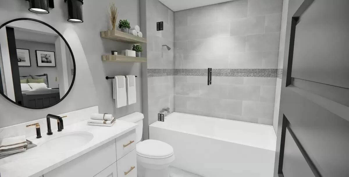 Bathroom with a white vanity and a tub and shower combo.