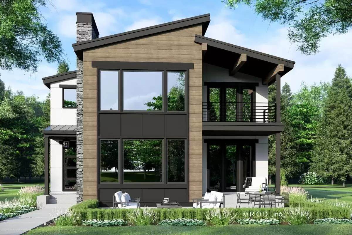 Front view with large windows, stacked porches, and angled rooflines.