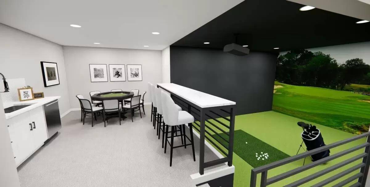 Wet bar with a game table and golf simulator.