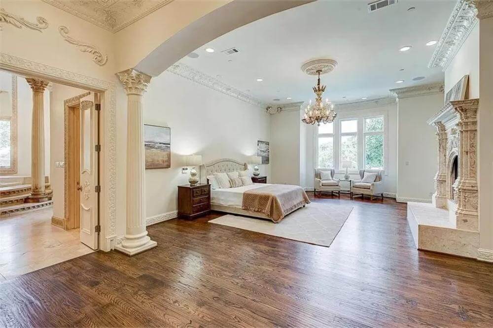 elegant master suite with ornate architectural details