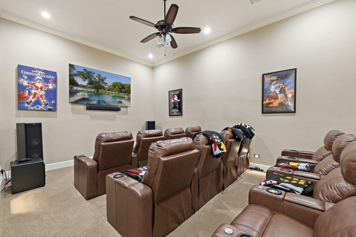 Home theater with reclining chairs.
