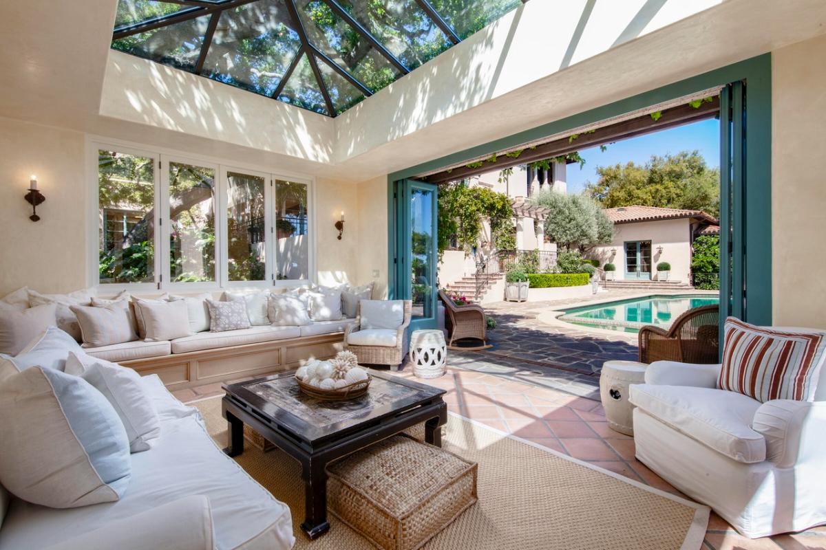 Pool house with couches.