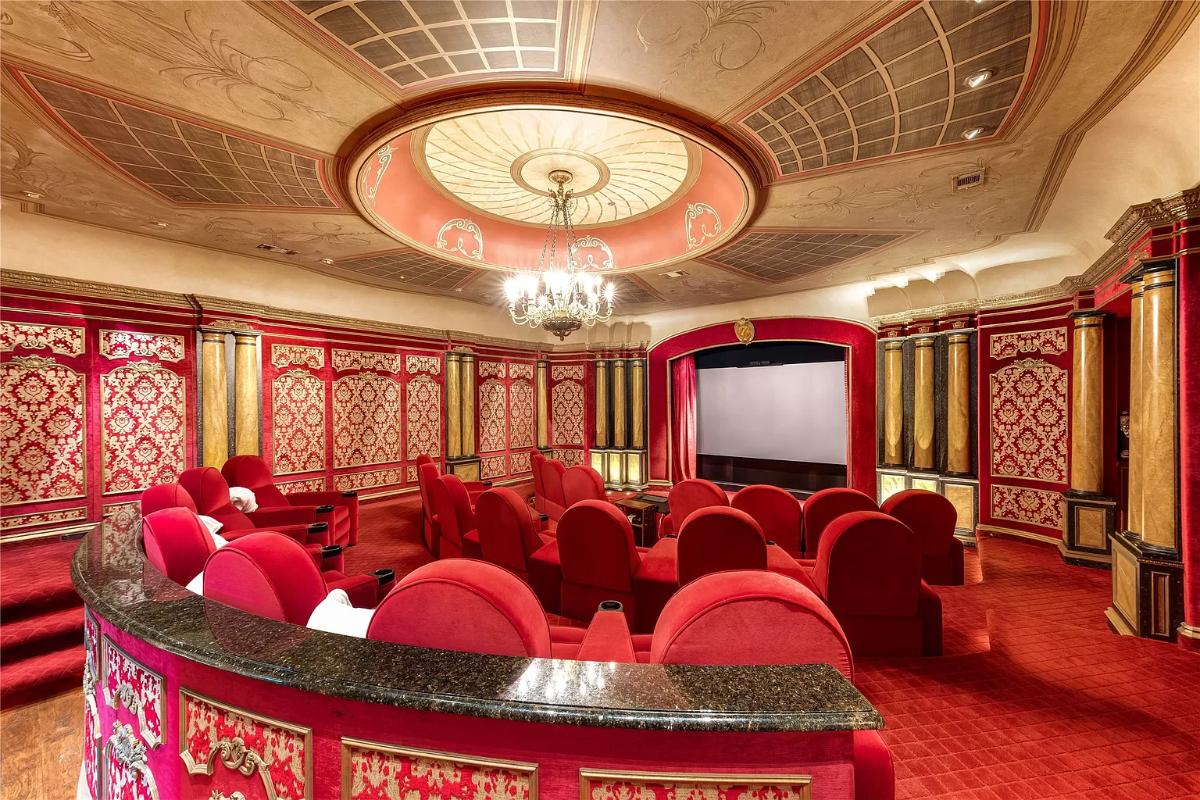 Home theater with a chandelier.
