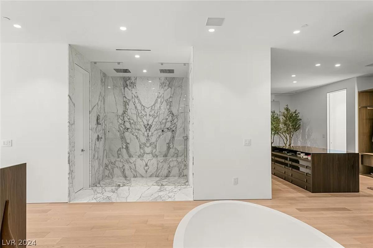 Bathroom with a soaking tub and a walk-in shower.