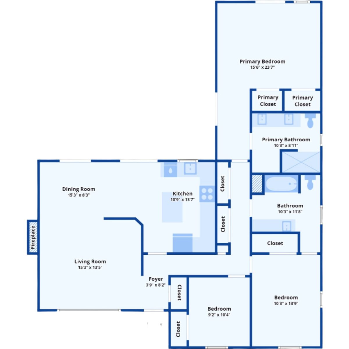 A floor plan with bedrooms, bathrooms, closets, a dining room, kitchen, living room, and foyer.